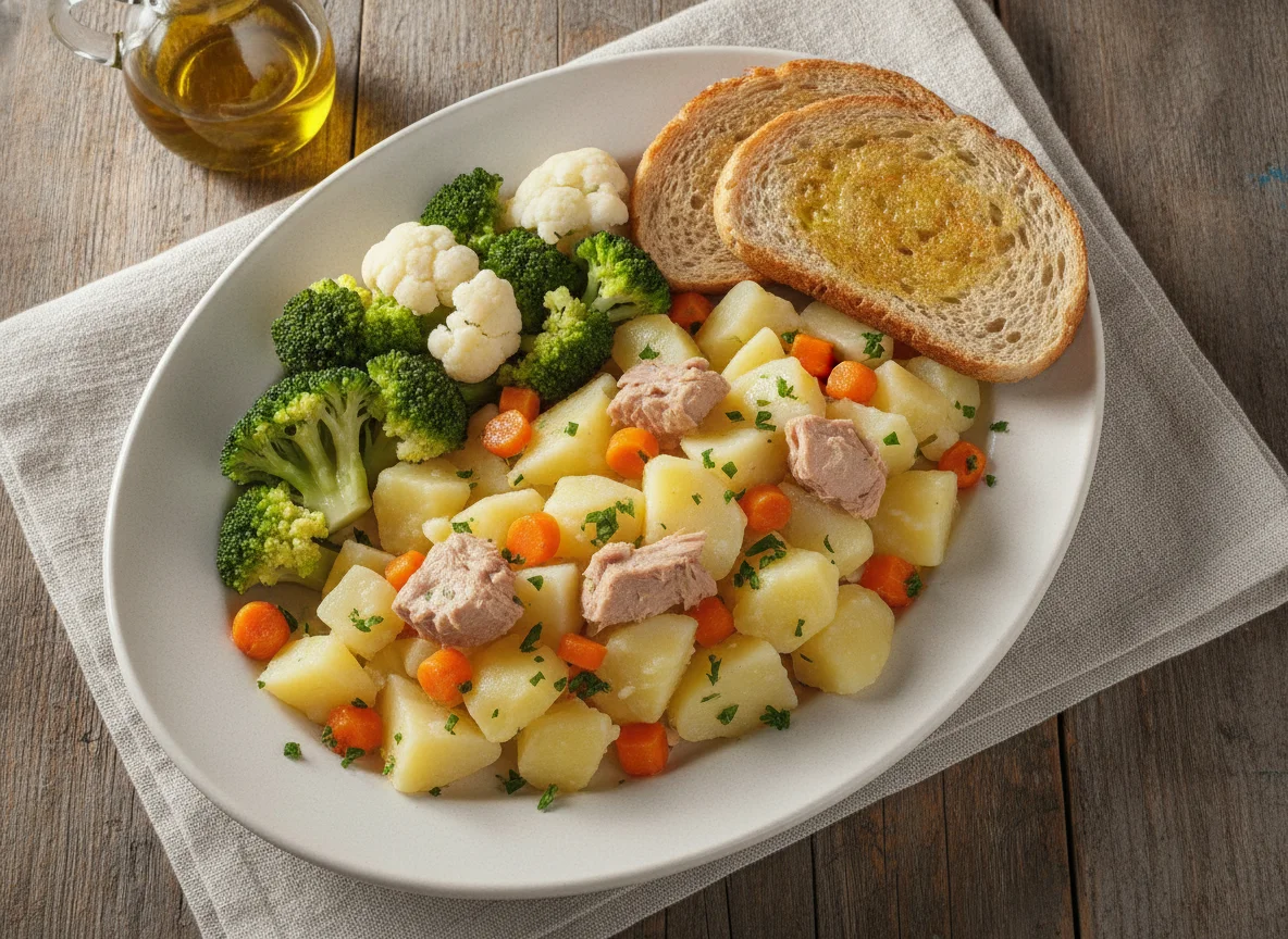 Ensalada de patata con atún, verduras al vapor y pan tostado photo