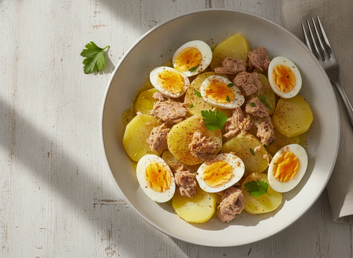 Ensalada de patata con atún y huevos cocidos photo