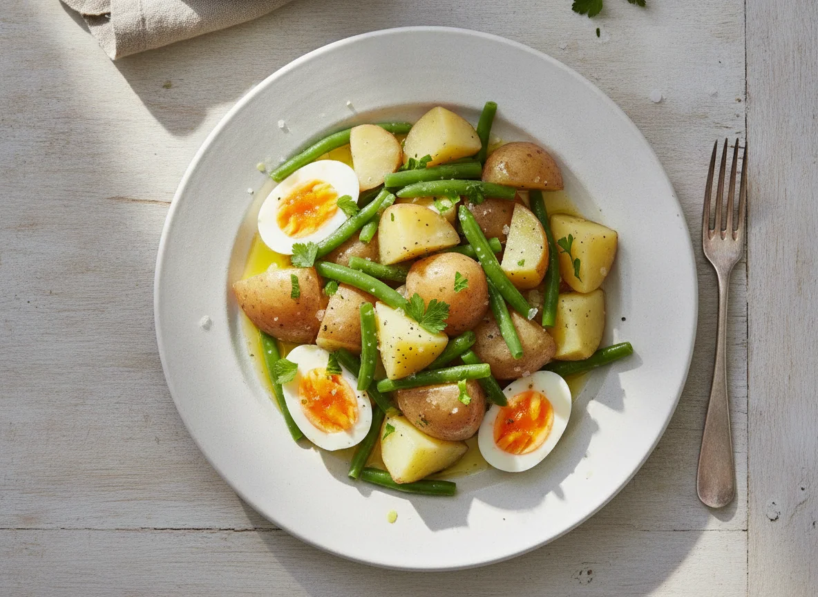 Ensalada de patata con judías verdes y huevo photo