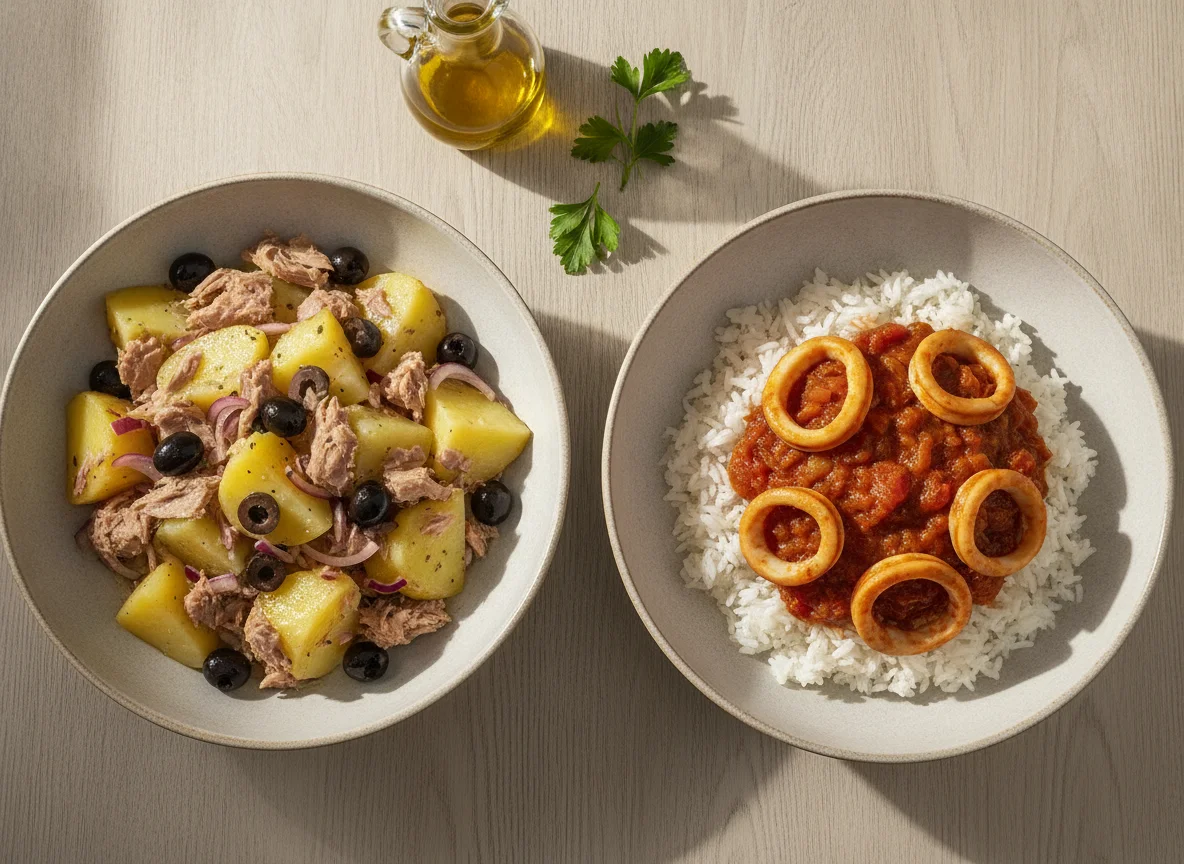 Ensalada de patata y Arroz con calamares en salsa photo