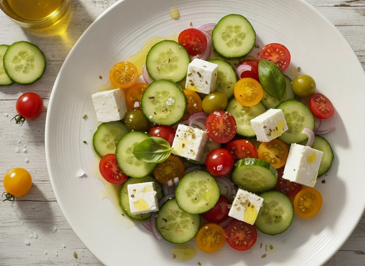 Ensalada de pepino, tomate cherry y queso feta photo