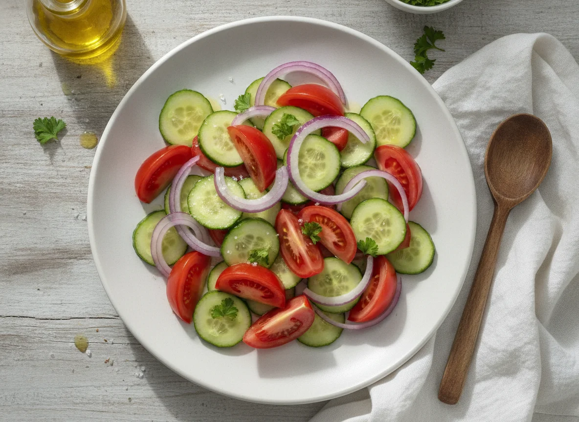Ensalada de pepino, tomate y cebolla roja photo