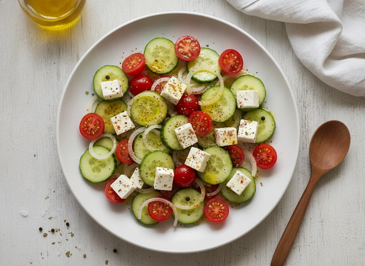 Ensalada de pepino, tomate y queso panela photo