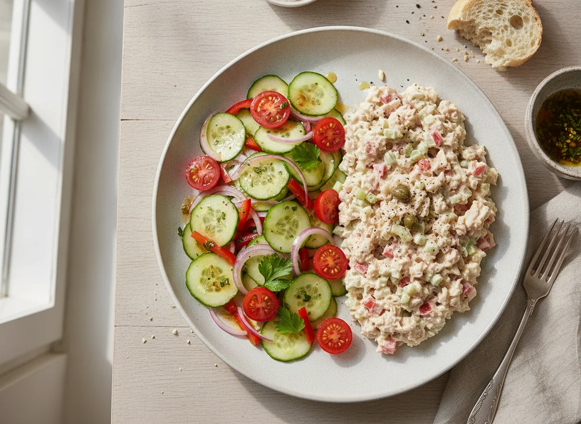 Ensalada de pepino y ensalada de atún o pollo photo