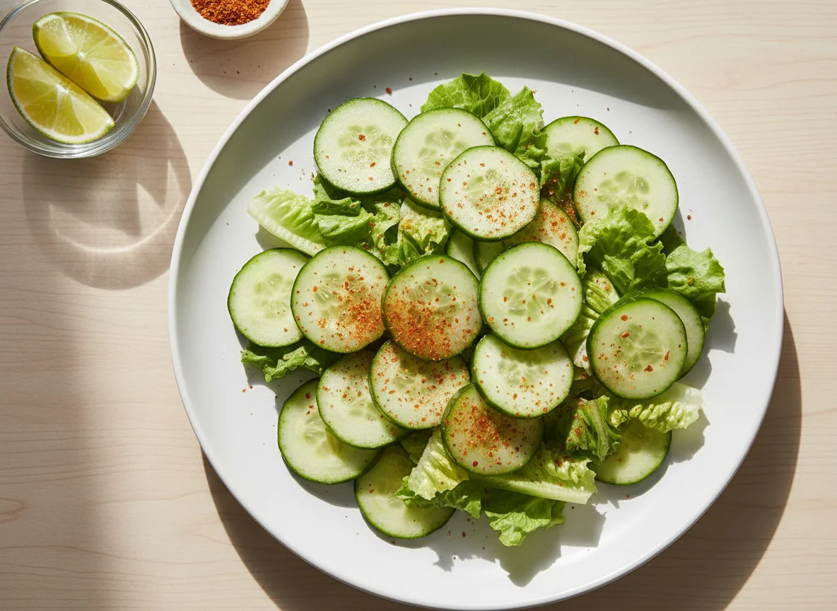 Ensalada de pepino y lechuga con chile en polvo photo