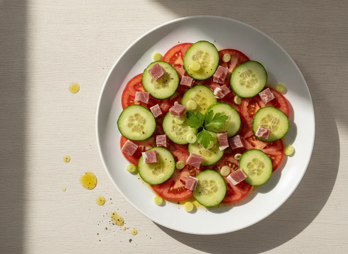 Ensalada de pepino y tomate con jamón photo