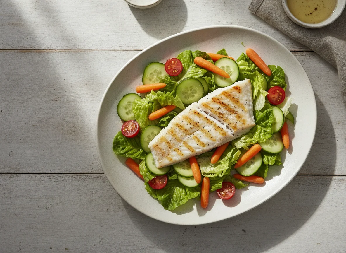 Ensalada de pescado a la plancha con vegetales photo