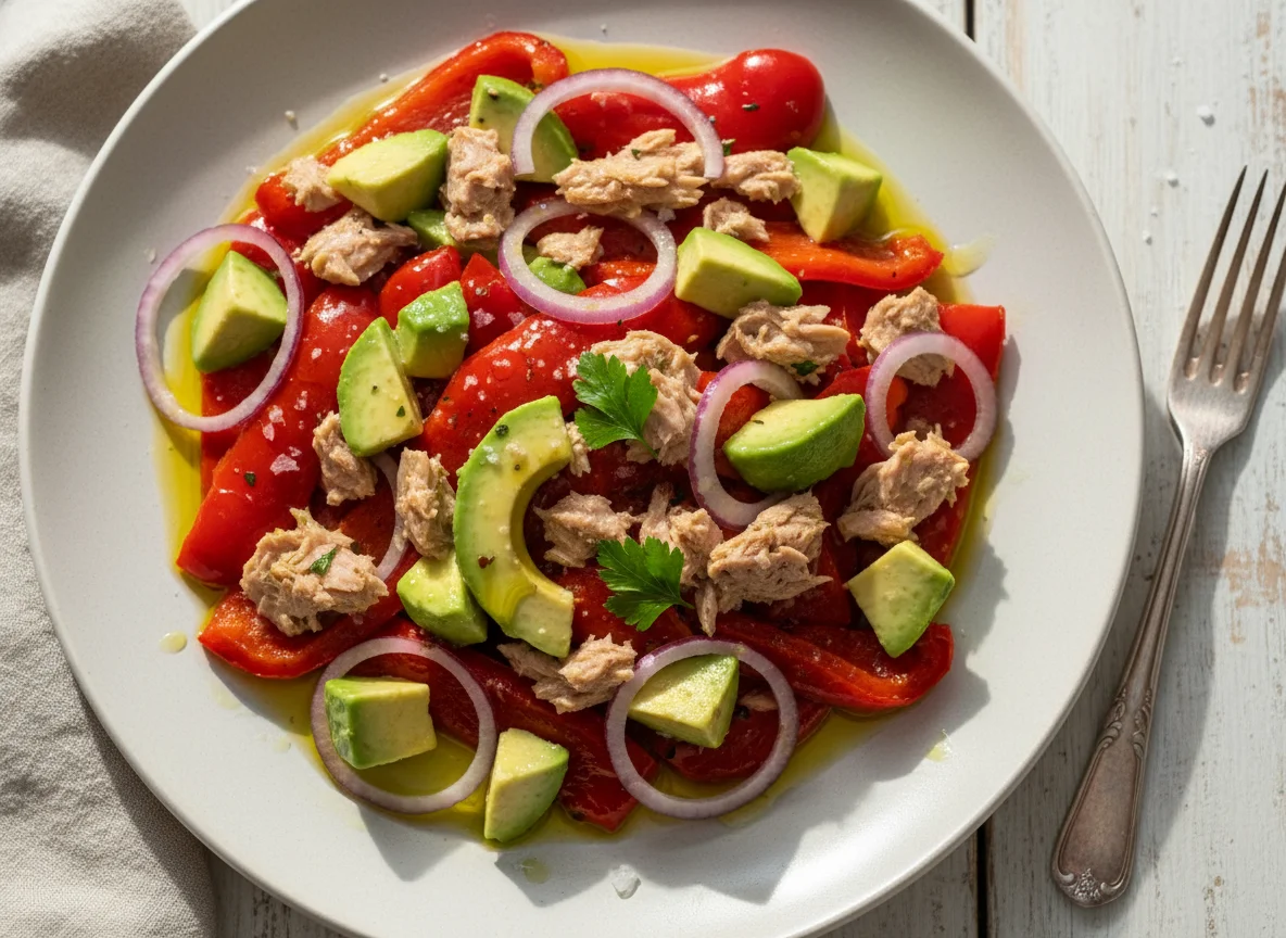 Ensalada de pimientos asados con atún y aguacate photo