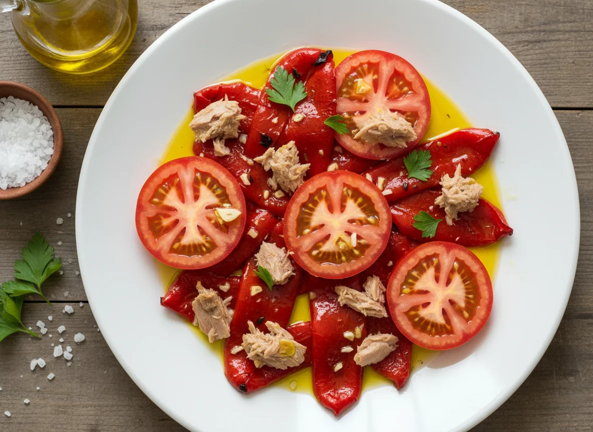 Ensalada de pimientos asados con atún y tomate photo