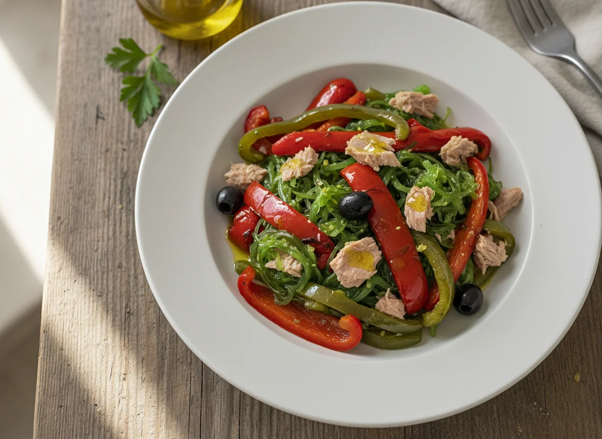 Ensalada de pimientos asados con atún y wakame photo