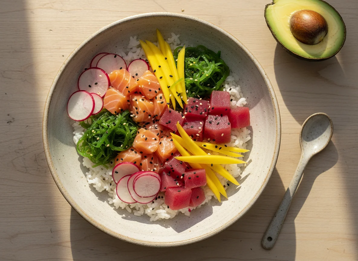Ensalada de poke con salmón y atún photo