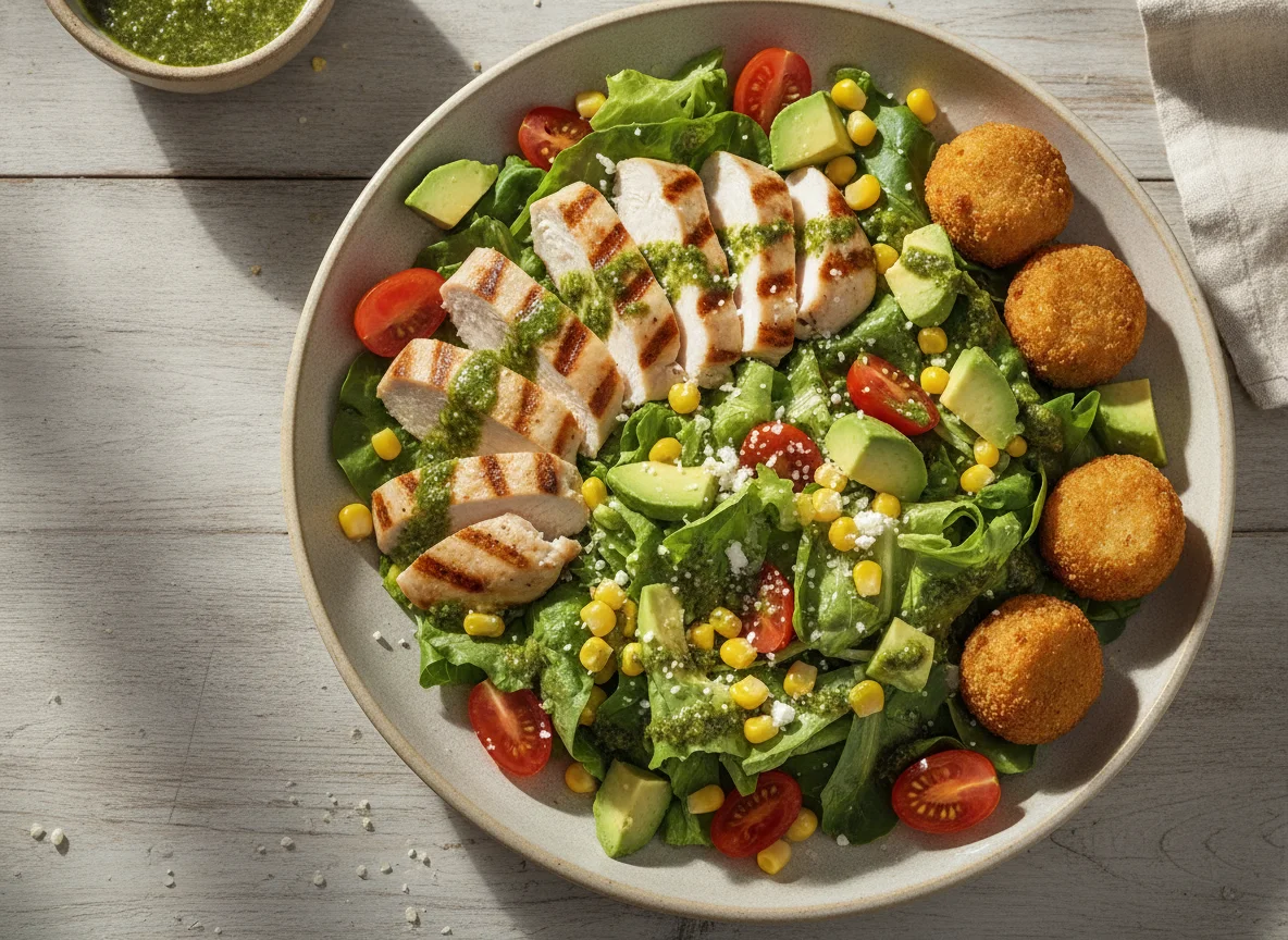 Ensalada de pollo a la parrilla con aguacate y croquetas photo