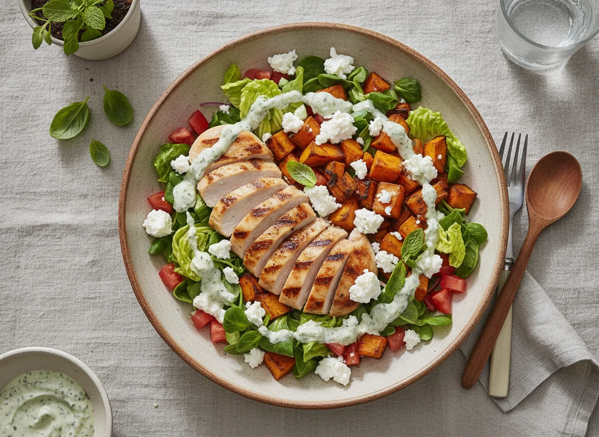 Ensalada de pollo a la parrilla con boniato y queso fresco photo