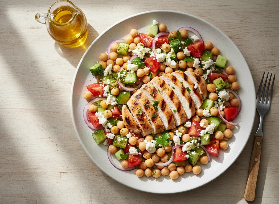 Ensalada de pollo a la parrilla con garbanzos y queso feta photo