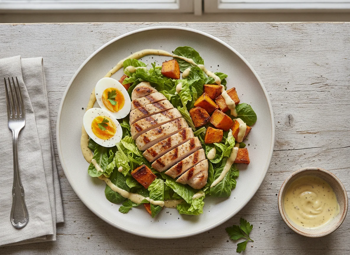 Ensalada de pollo a la parrilla con huevo y boniato photo
