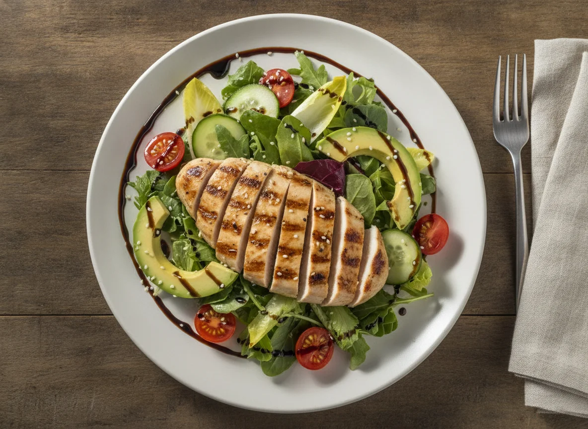 Ensalada de pollo a la plancha con aguacate y reducción de balsámico photo