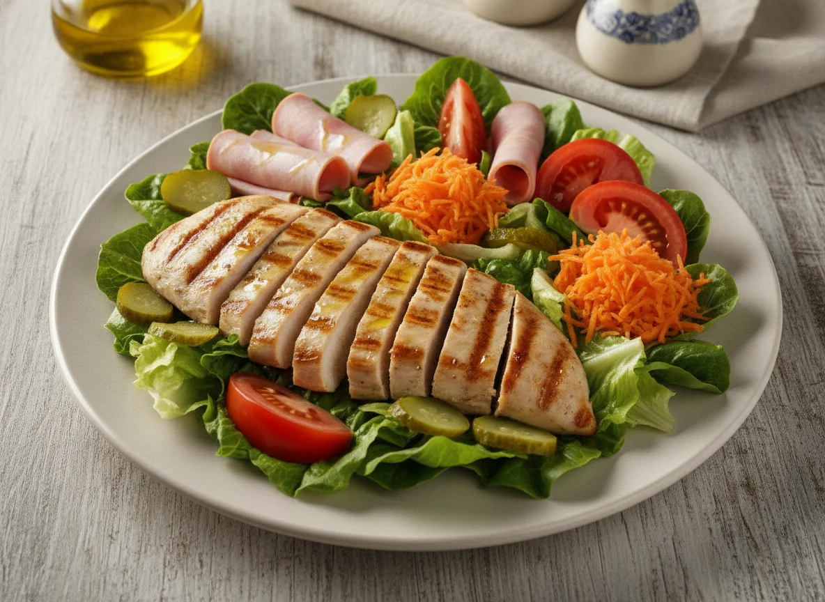 Ensalada de pollo a la plancha con jamón y verduras photo