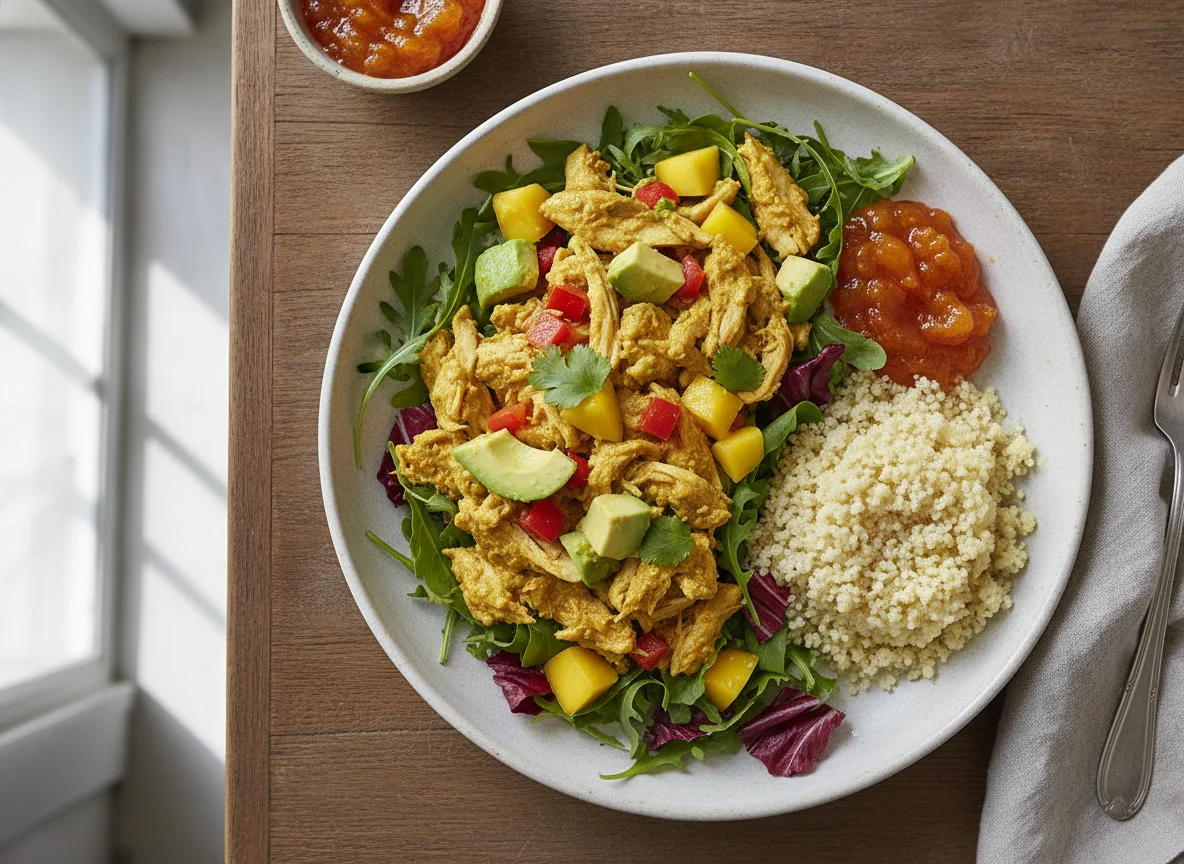 Ensalada de pollo al curry con aguacate y mango photo