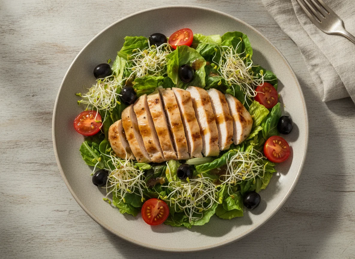 Ensalada de pollo con aceitunas y jitomate cherry photo
