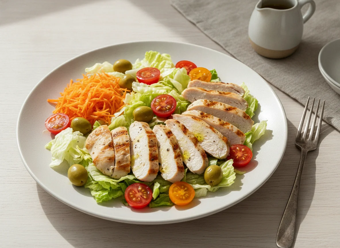Ensalada de pollo con aceitunas y tomates photo