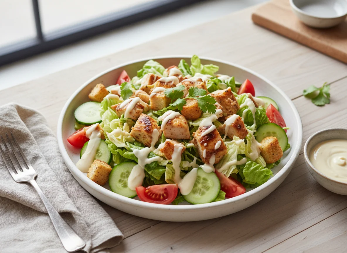 Ensalada de pollo con aderezo cremoso photo
