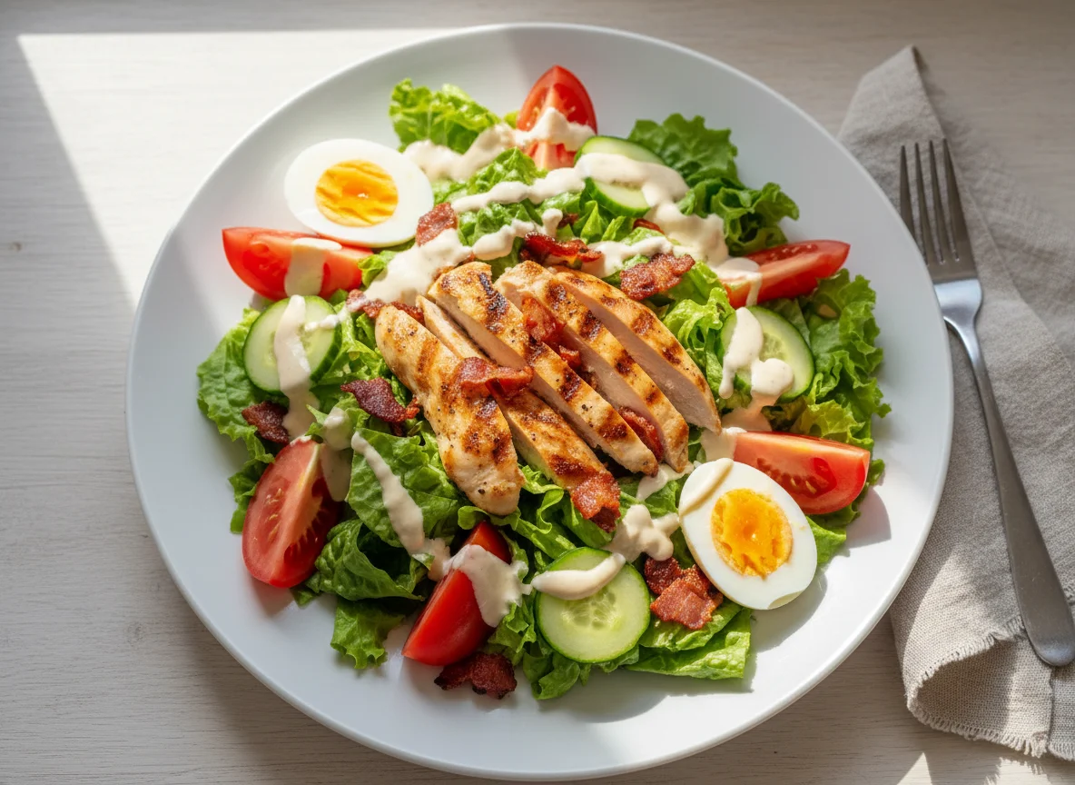 Ensalada de pollo con aderezo y huevo photo