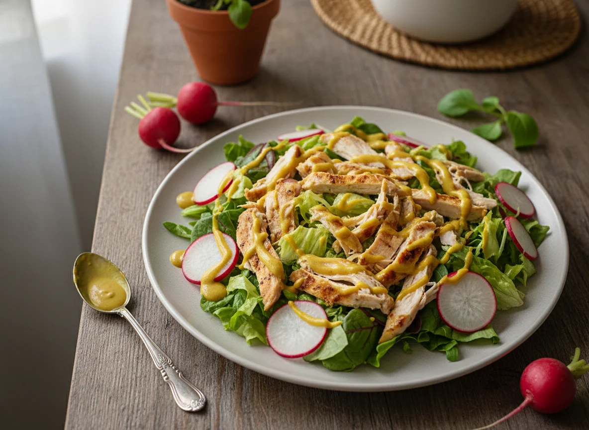 Ensalada de pollo con aderezo y rabanitos photo