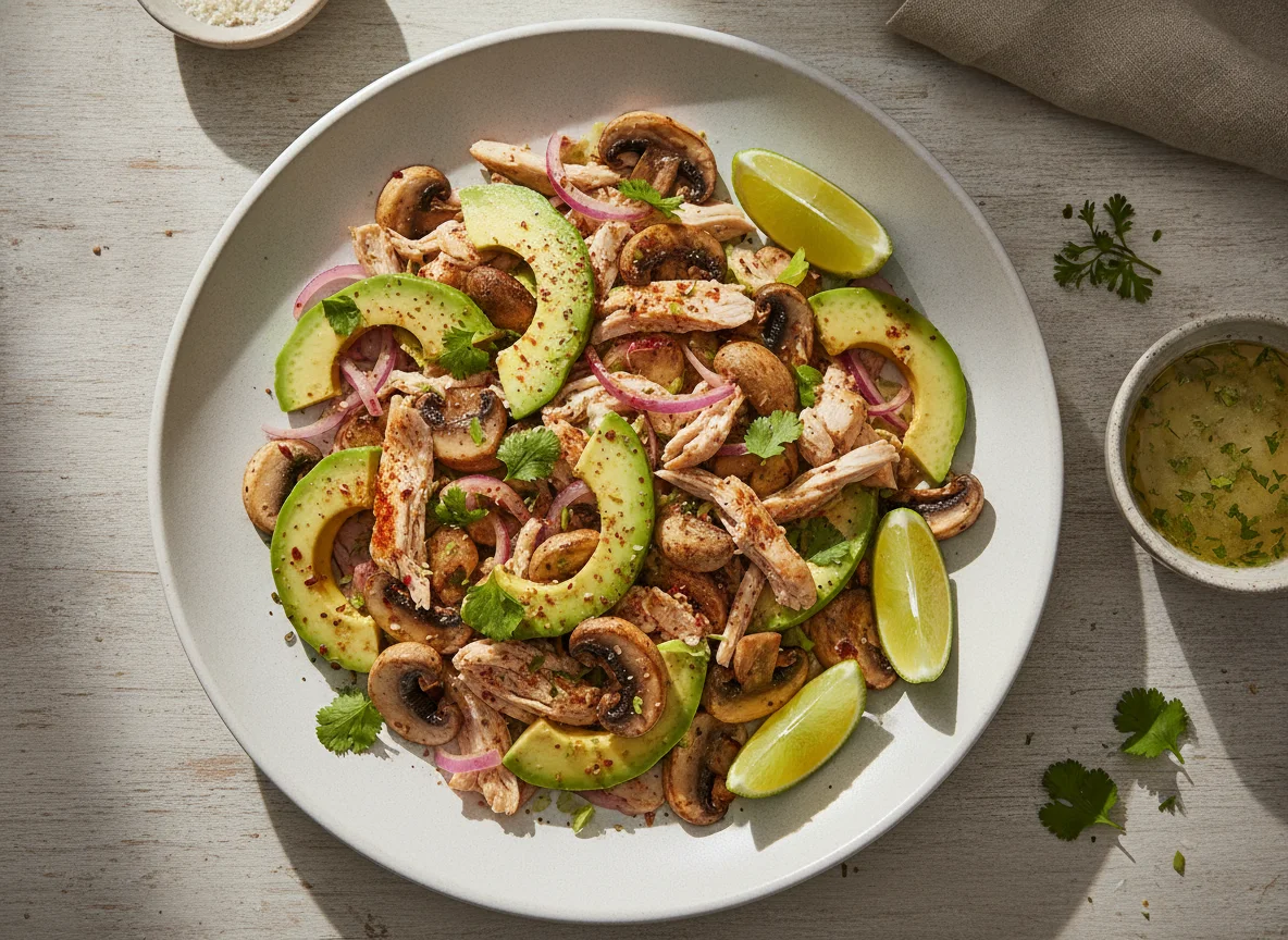 Ensalada de pollo con aguacate y champiñones photo