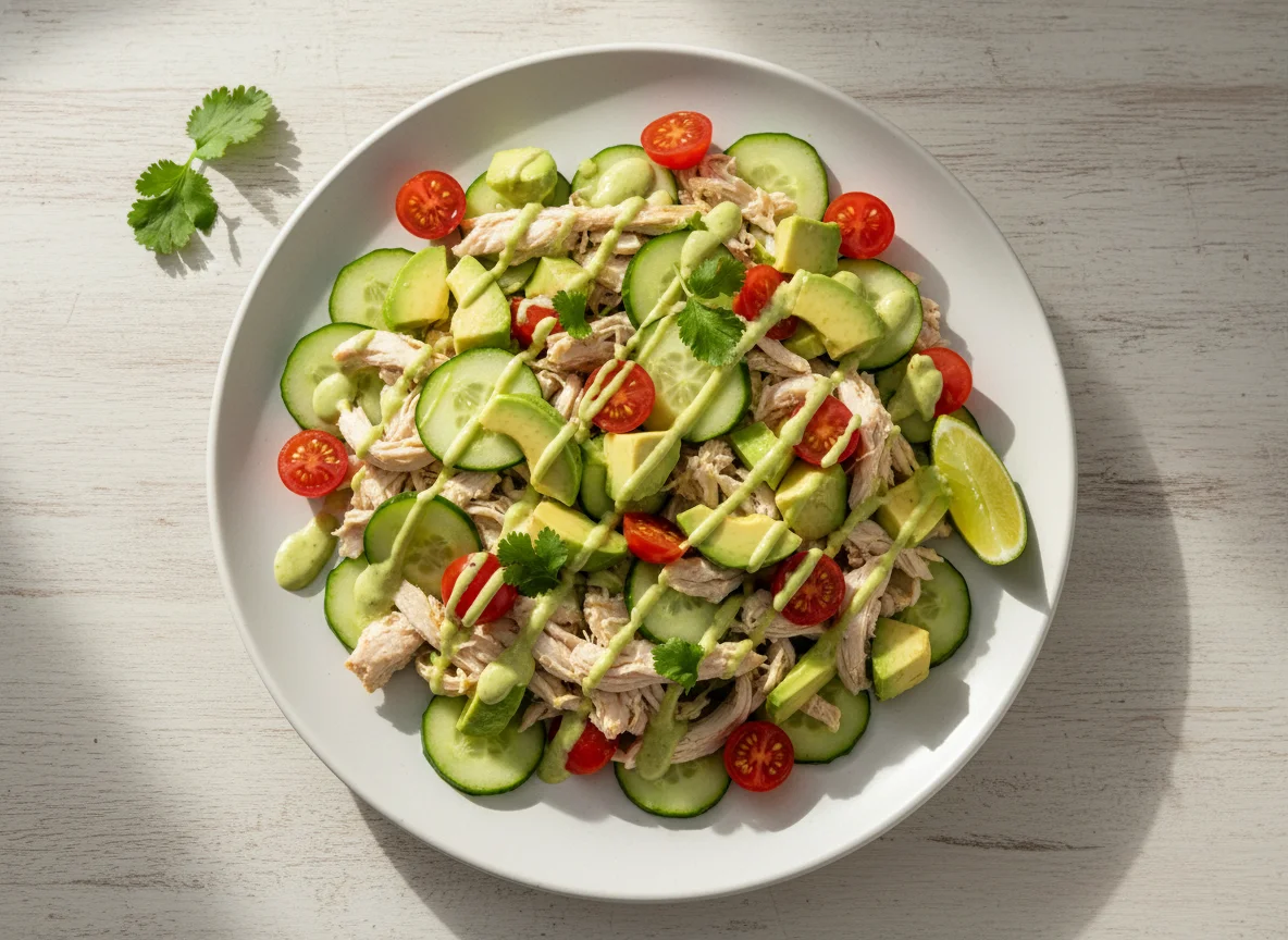 Ensalada de pollo con aguacate y pepino photo