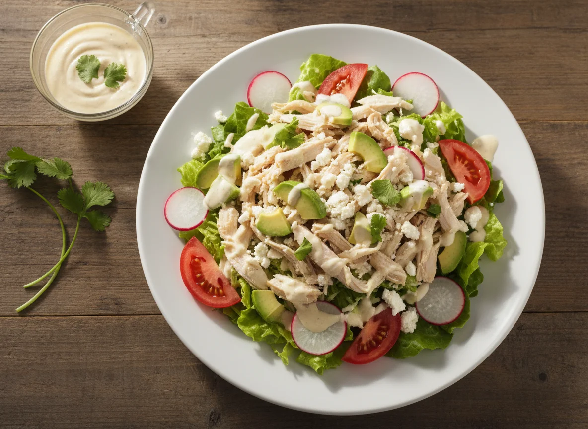 Ensalada de pollo con aguacate y queso photo