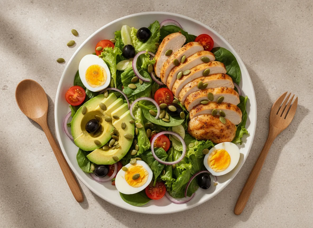 Ensalada de pollo con aguacate y semillas photo