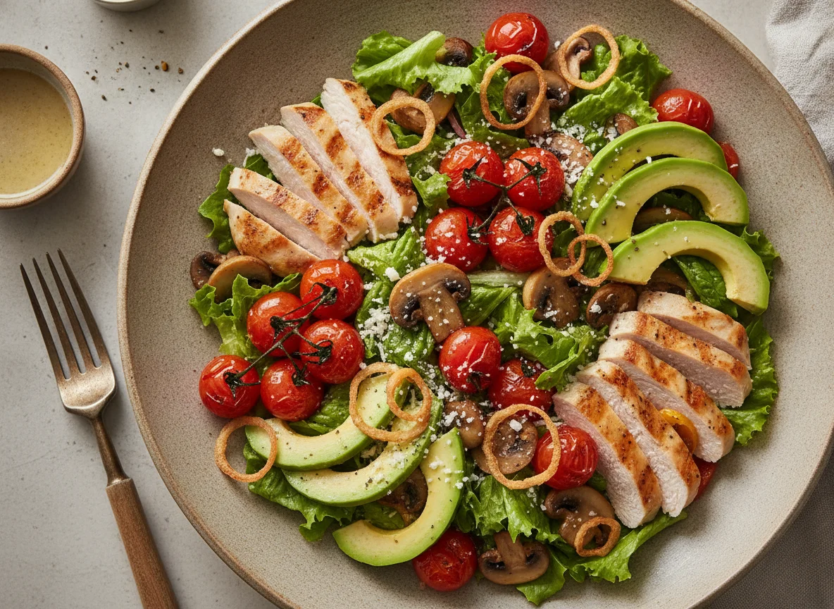 Ensalada de pollo con aguacate y tomates cherry photo