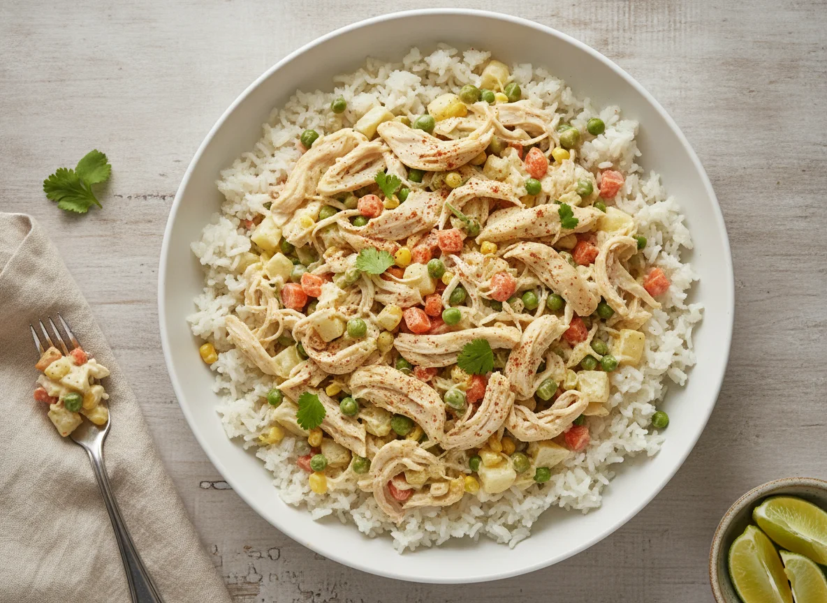 Ensalada de pollo con arroz blanco photo