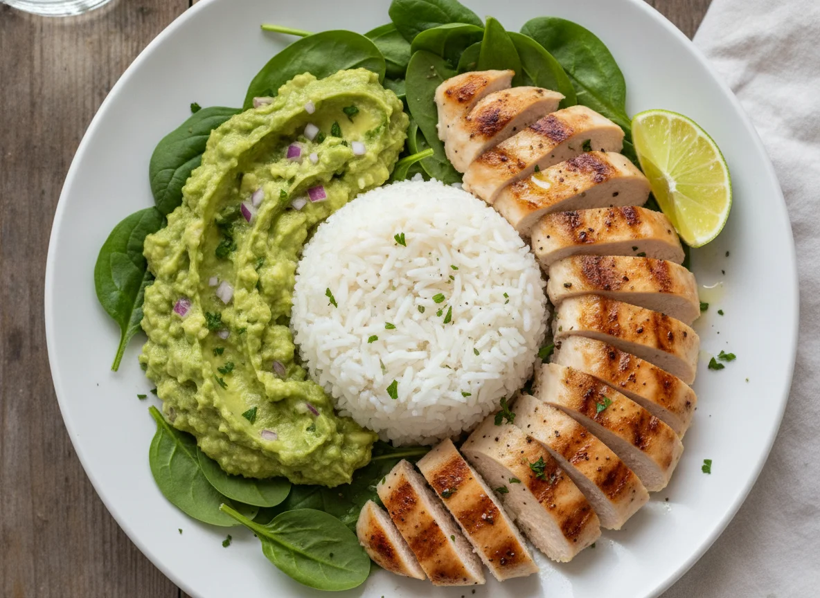 Ensalada de pollo con arroz y aguacate photo