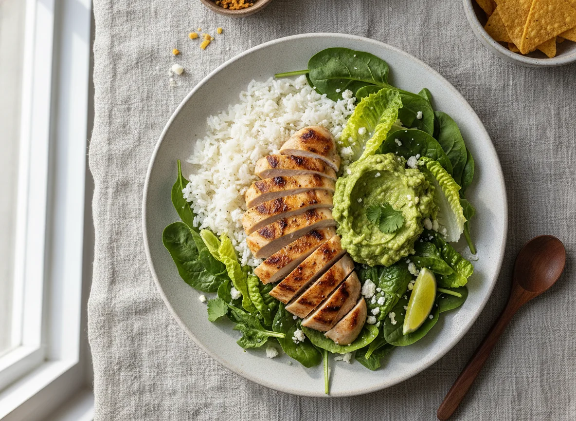 Ensalada de pollo con arroz y guacamole photo