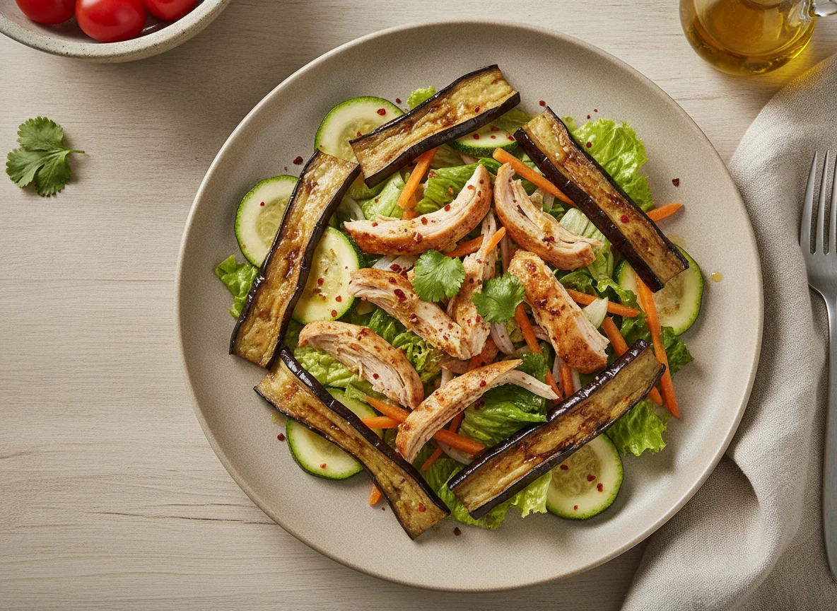 Ensalada de pollo con berenjenas y vegetales photo