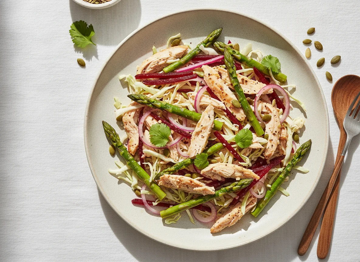 Ensalada de pollo con betarraga y espárragos photo