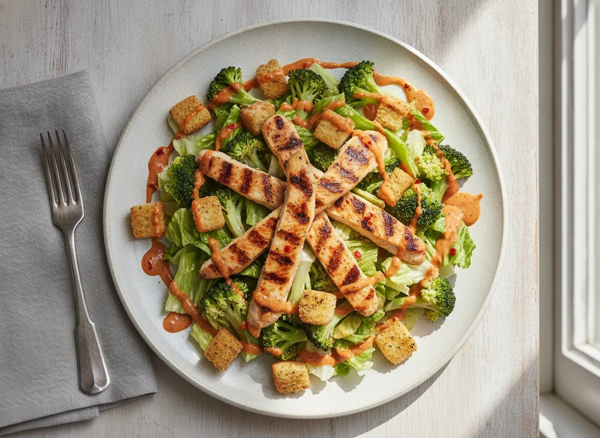 Ensalada de pollo con brócoli y aderezo photo