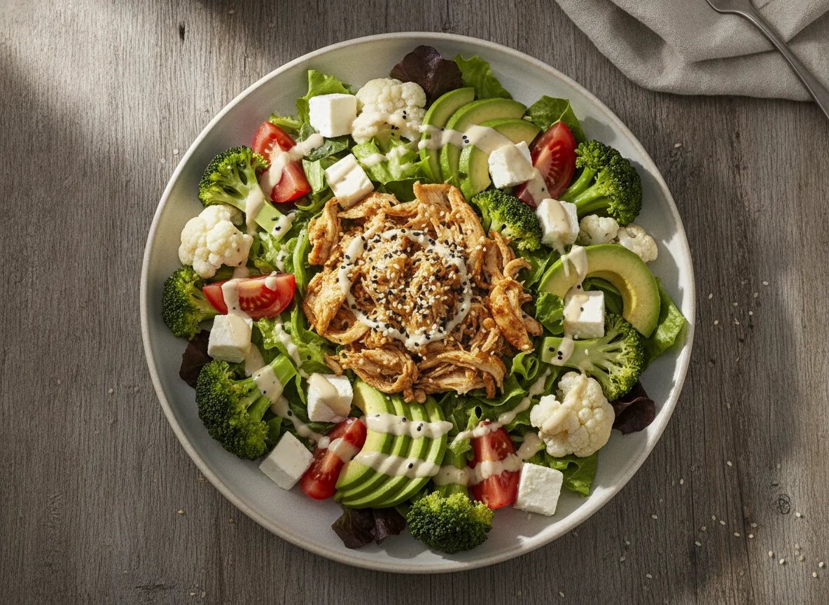 Ensalada de pollo con brócoli y coliflor photo