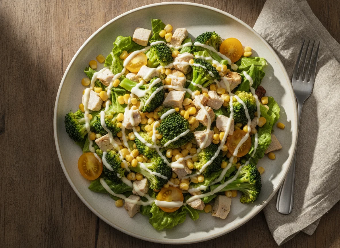 Ensalada de pollo con brócoli y maíz photo