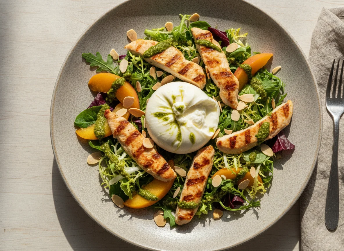 Ensalada de pollo con burrata y durazno photo