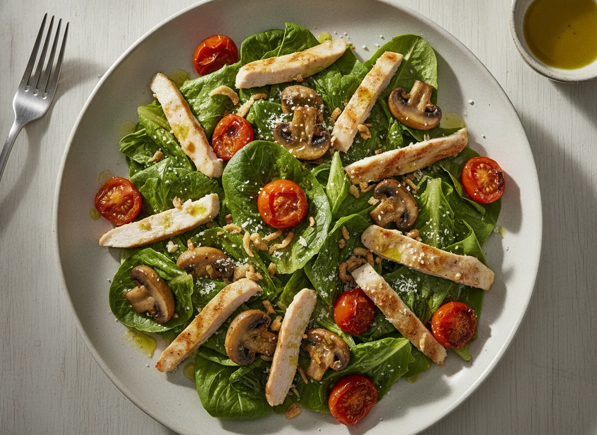 Ensalada de pollo con champiñones y tomates cherry photo