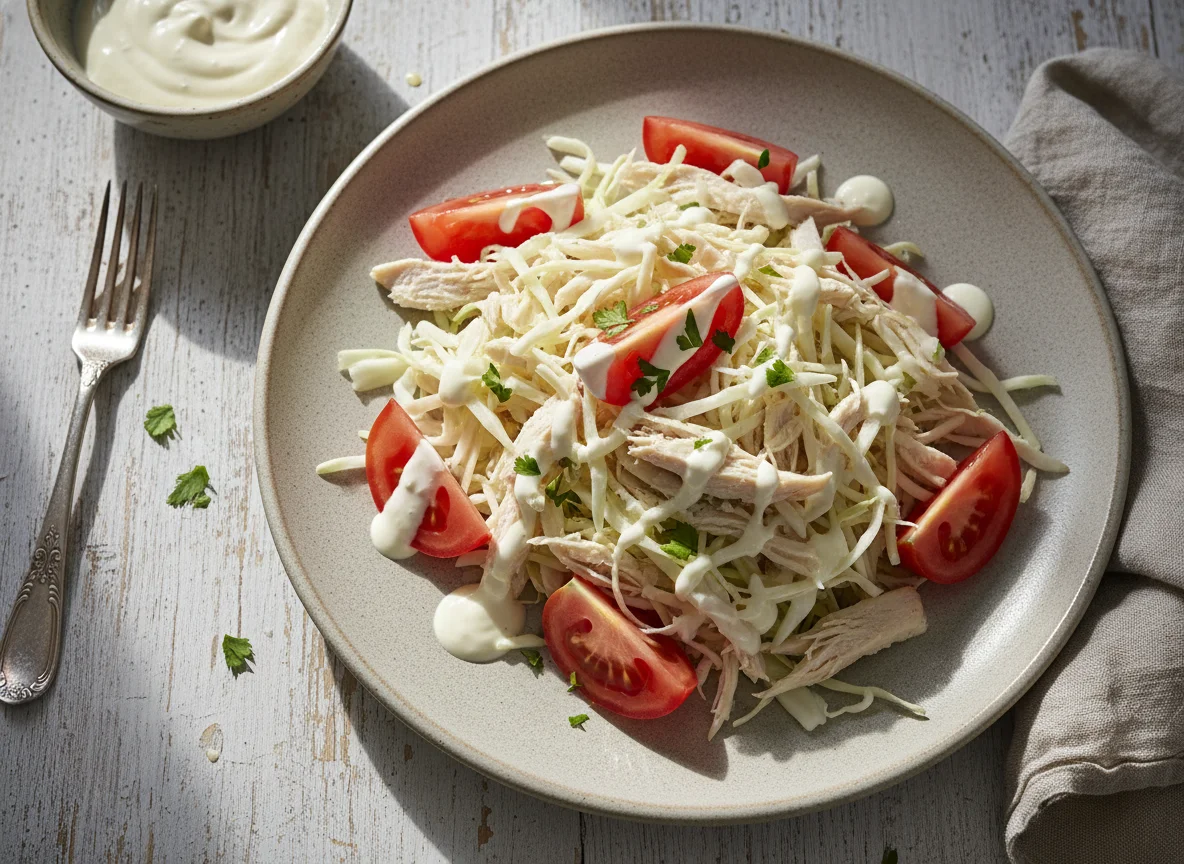 Ensalada de pollo con col y tomate photo