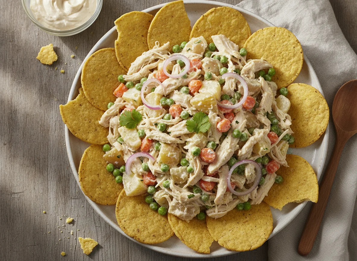 Ensalada de pollo con crema y tostadas photo