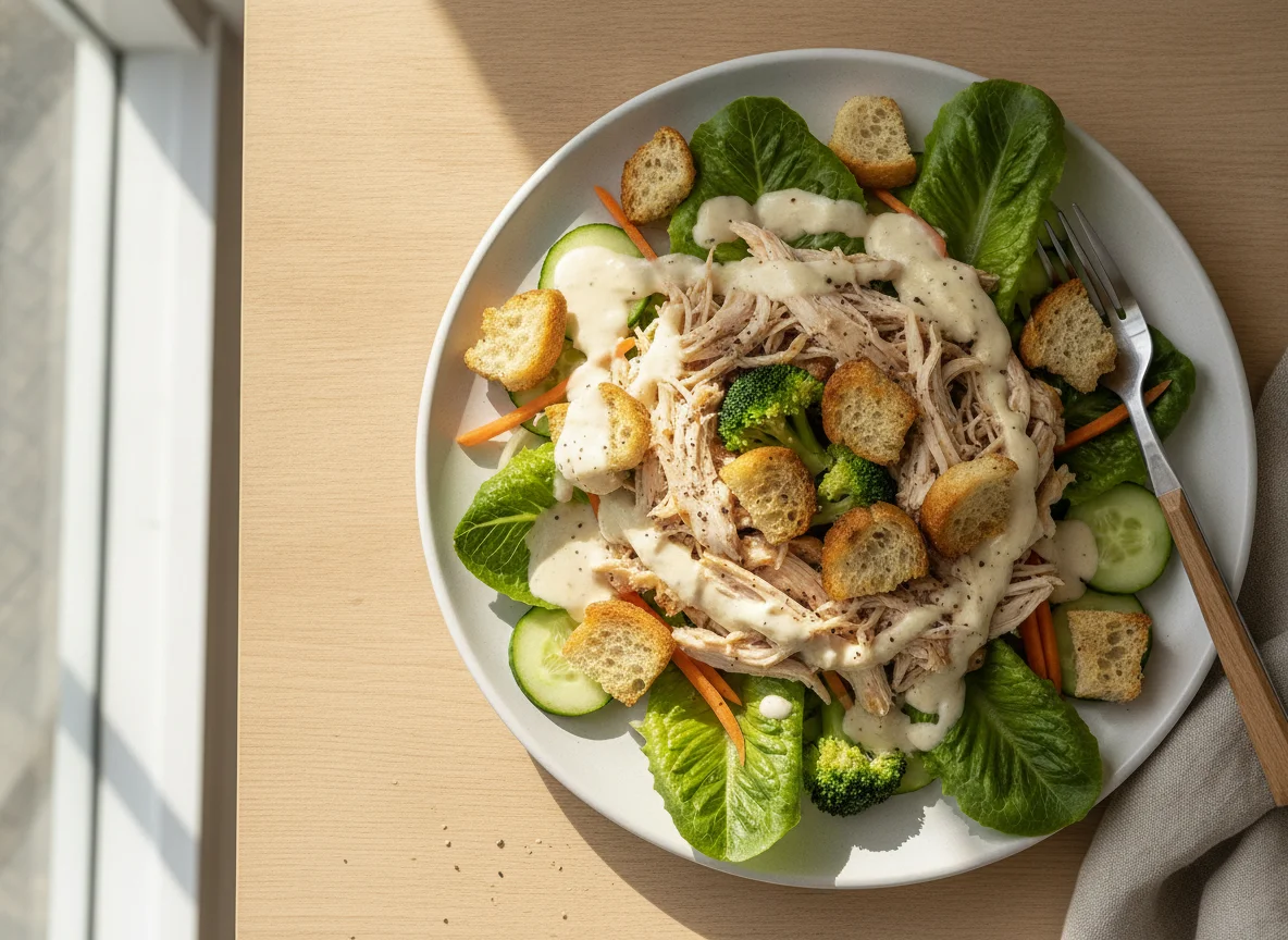 Ensalada de pollo con crutones y aderezo photo