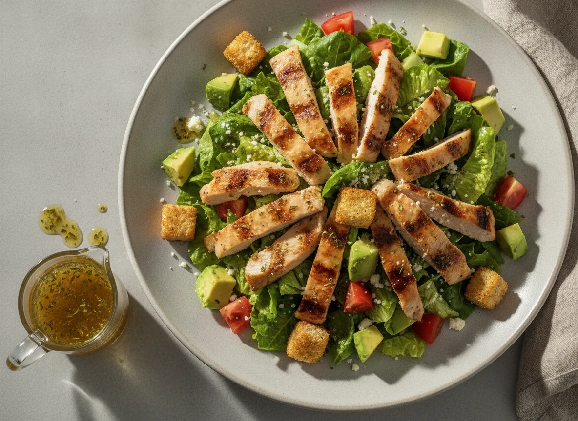 Ensalada de pollo con crutones y aguacate photo