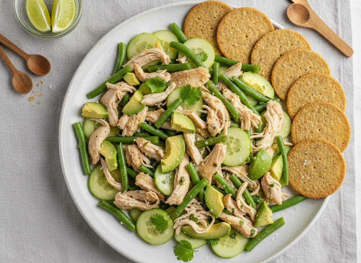 Ensalada de pollo con ejotes, pepino y aguacate photo