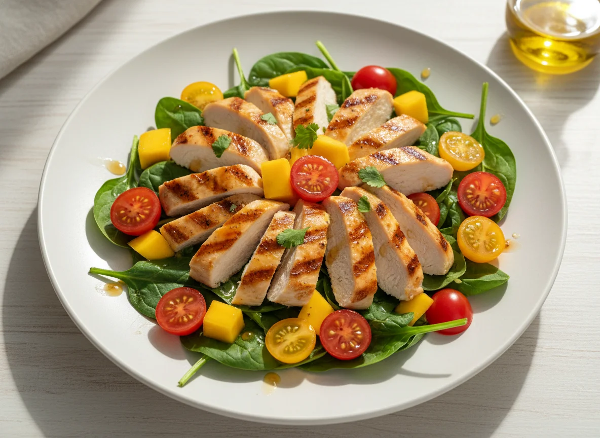 Ensalada de pollo con espinacas y mango photo