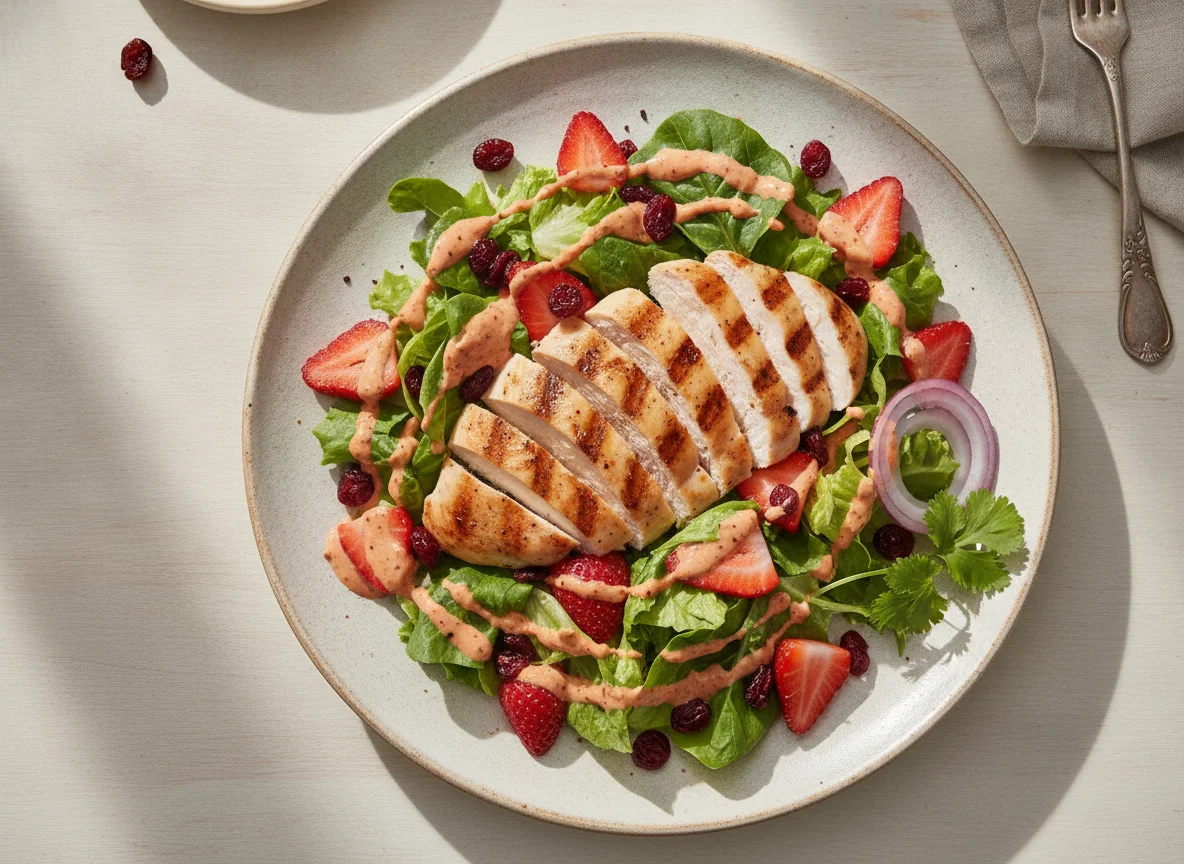 Ensalada de pollo con fresas y aderezo photo