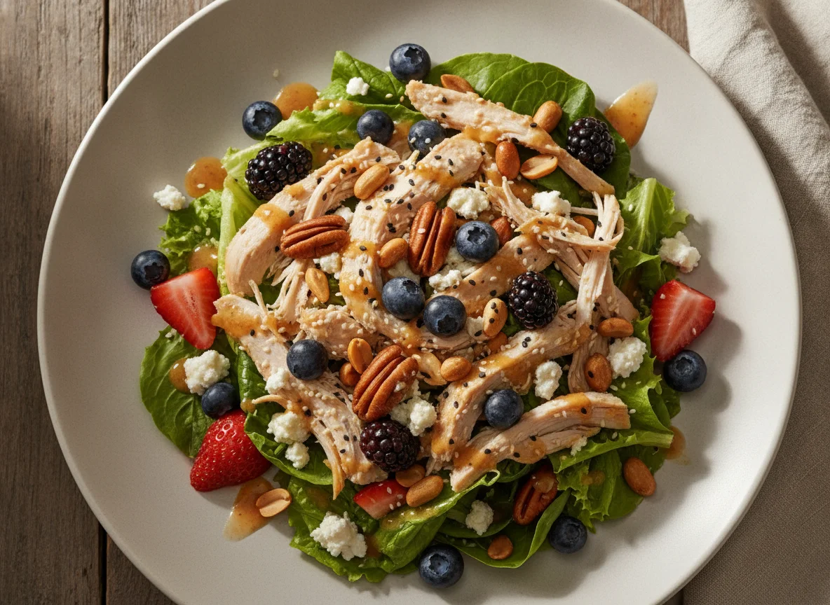 Ensalada de pollo con frutos rojos y nueces photo